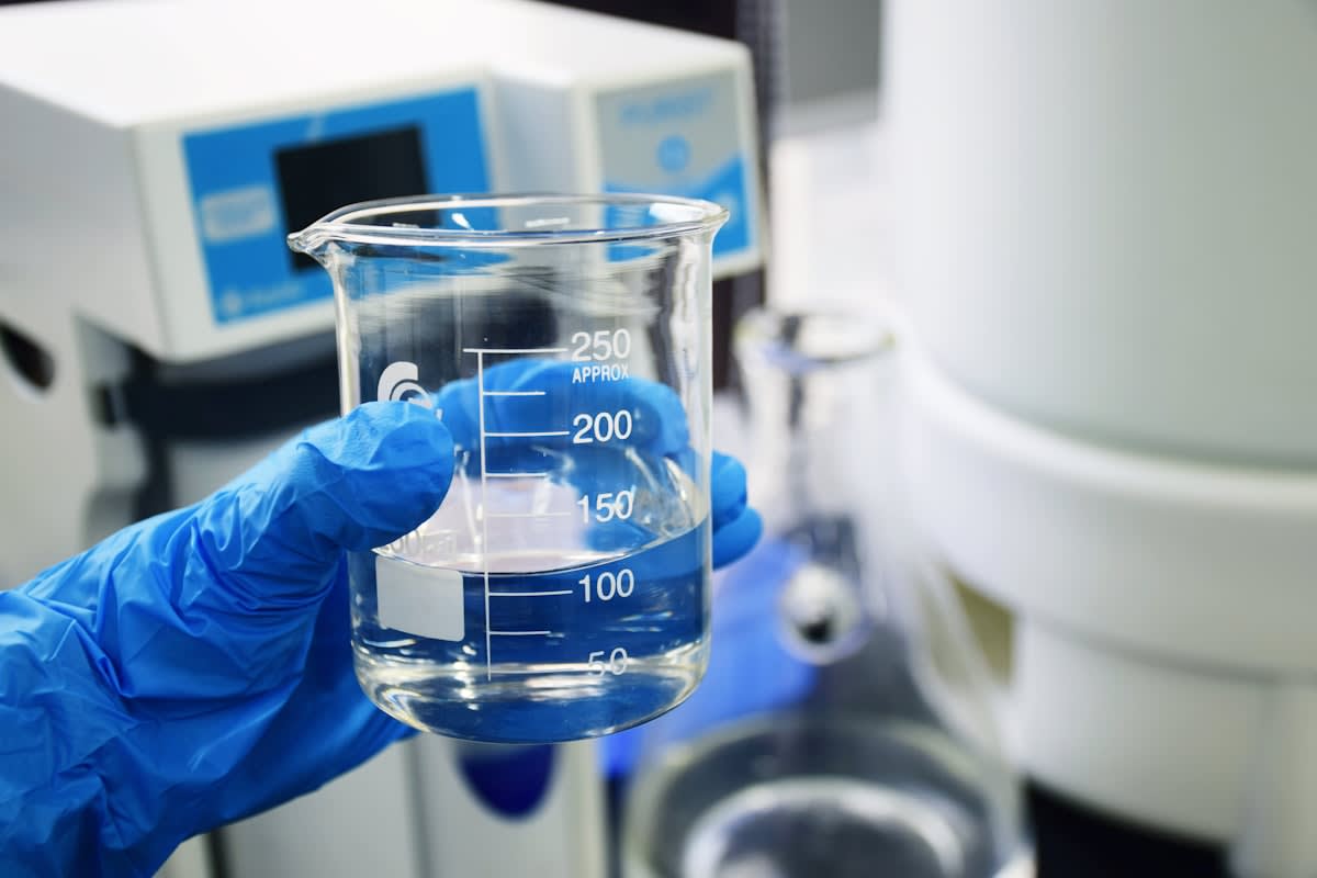Chemical laboratory with beakers and fluids
