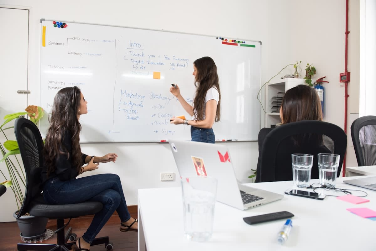Collaborative team brainstorming on a whiteboard with sticky notes