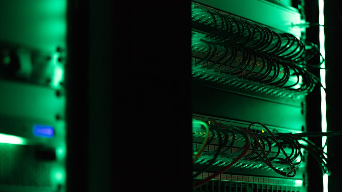 Secure server room with blue lights