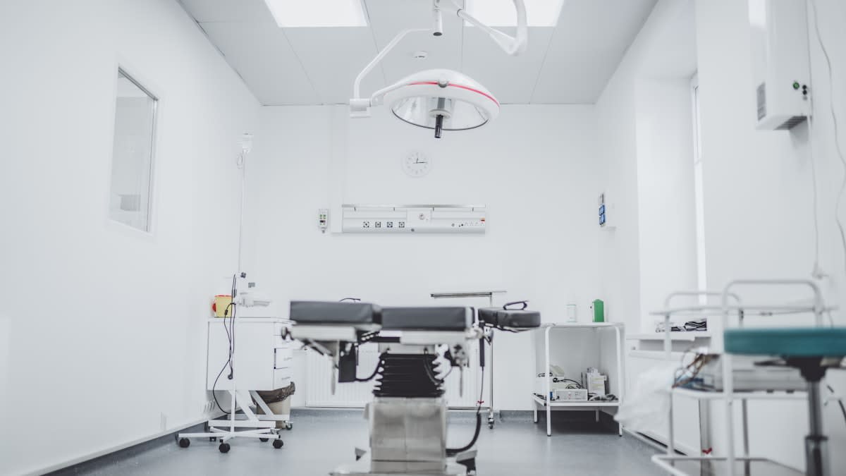 Futuristic medical clinic interior with advanced diagnostic equipment