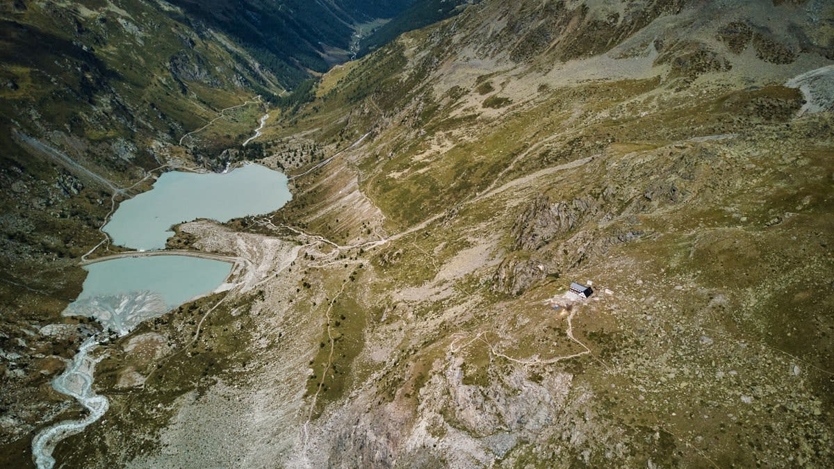 Aerial view of a remote lake in the Alps