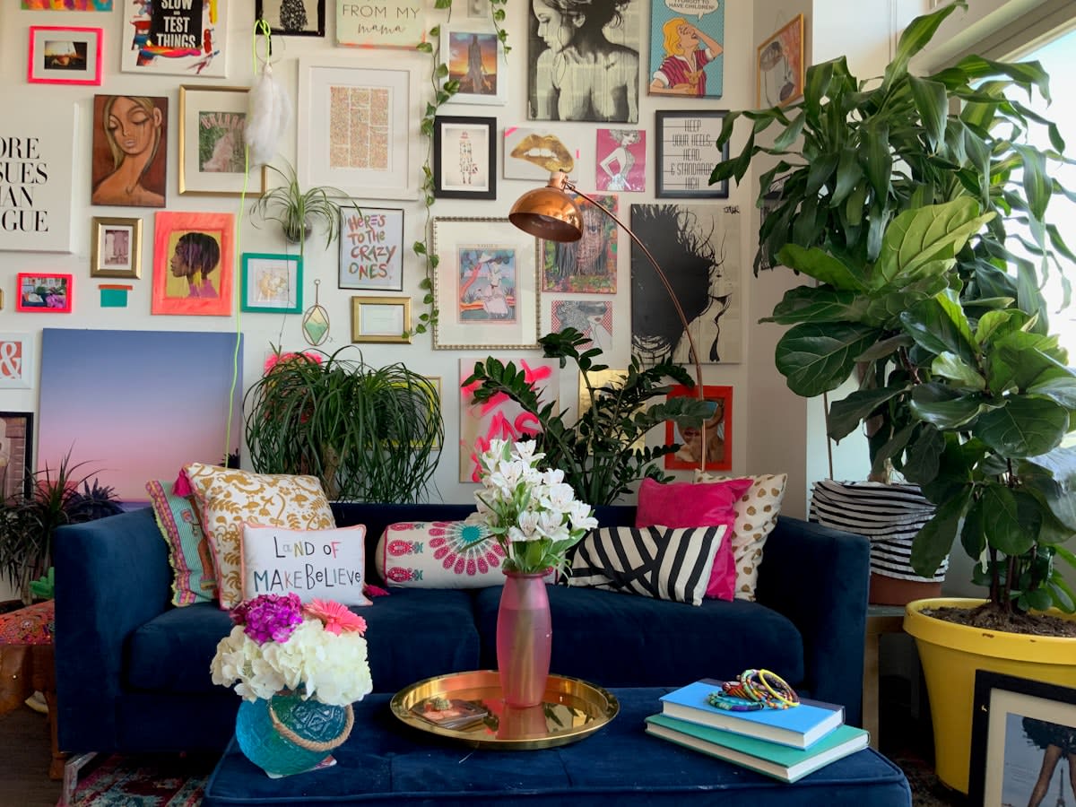 Maximalist interior design with vibrant colors and eclectic art