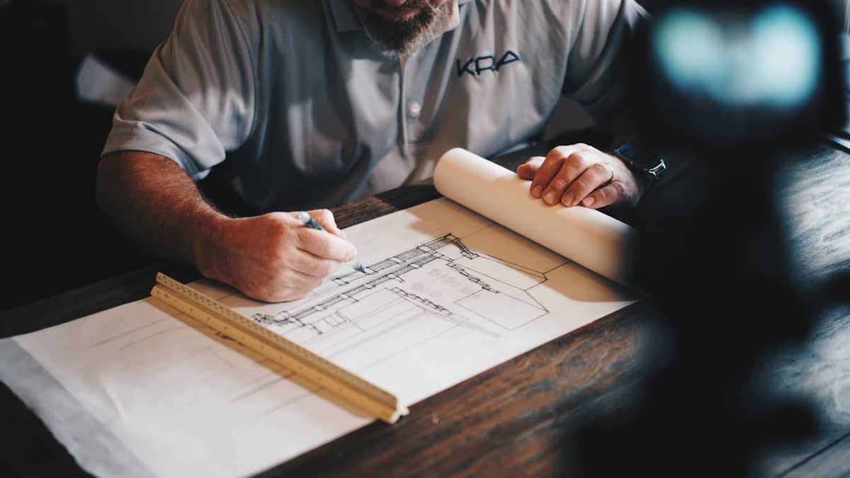 A diverse team collaborating around a table with blueprints