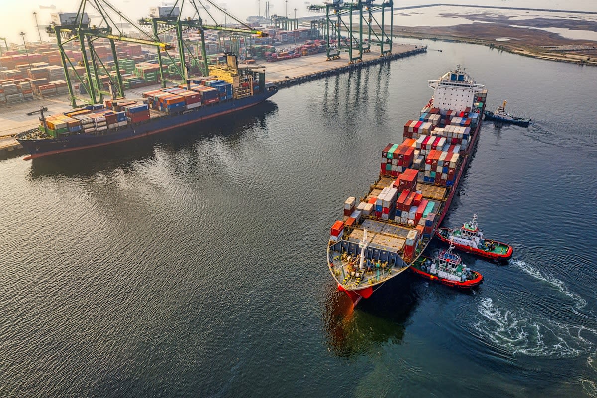 Aerial view of a wing-sail cargo ship