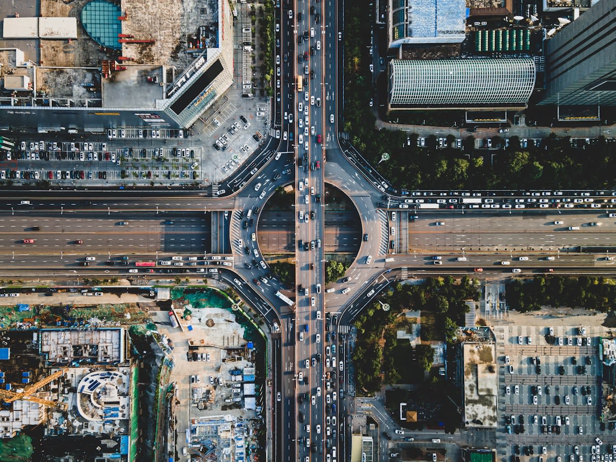 crowded city street aerial view