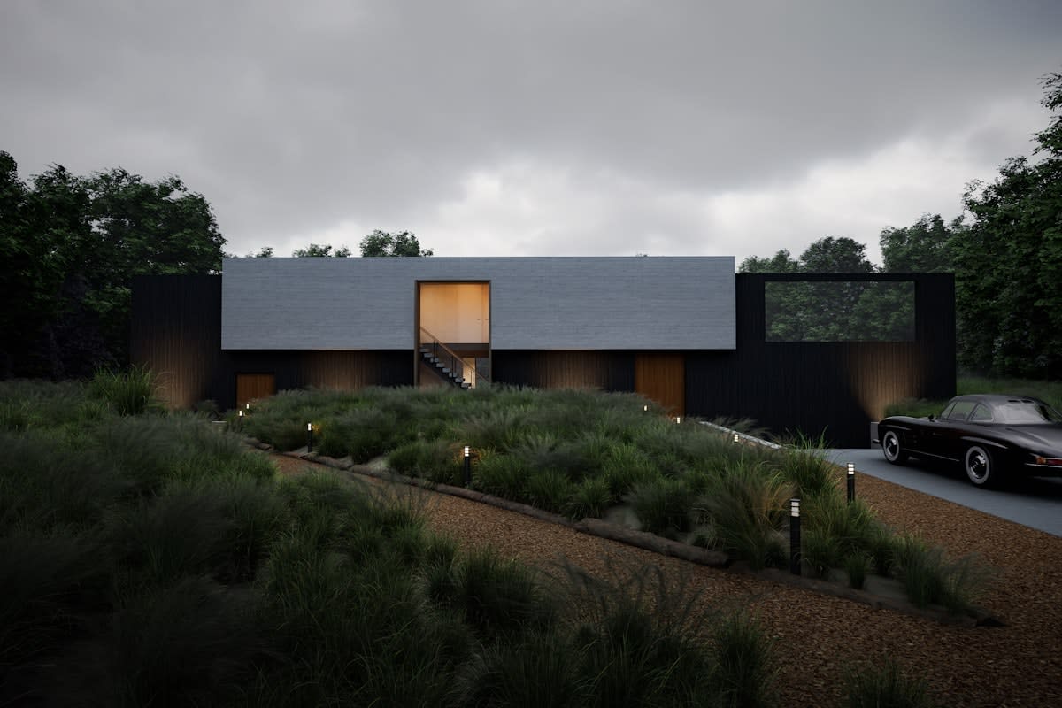 Modern architectural home integrated into nature