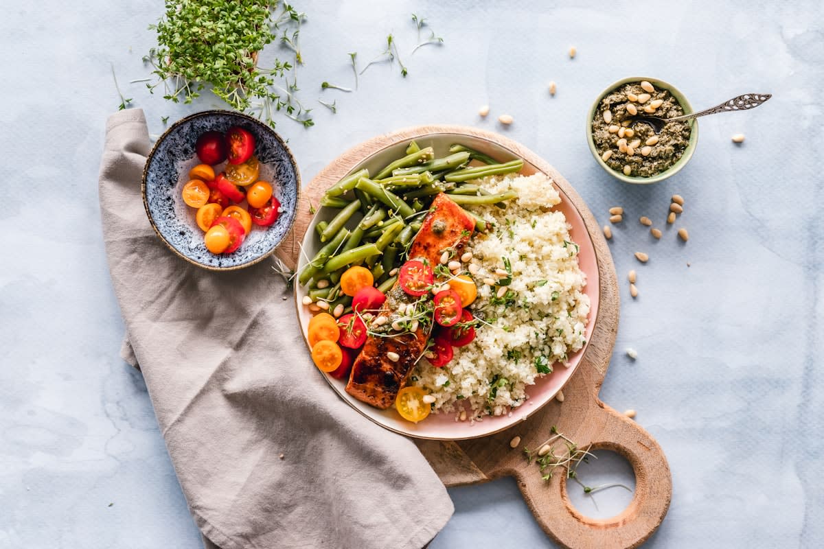 healthy meal with salmon and greens
