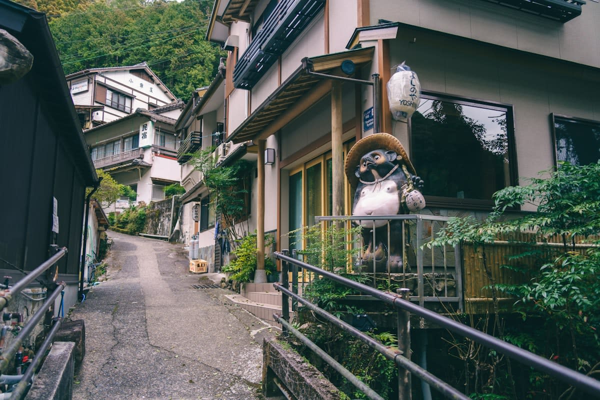 A quiet, traditional street in a rural Japanese village
