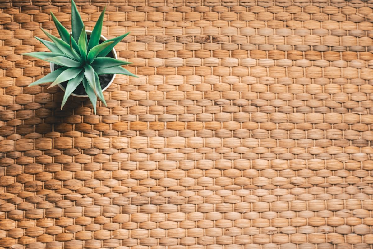 Detail shot of natural textures: linen, wood, and a potted plant