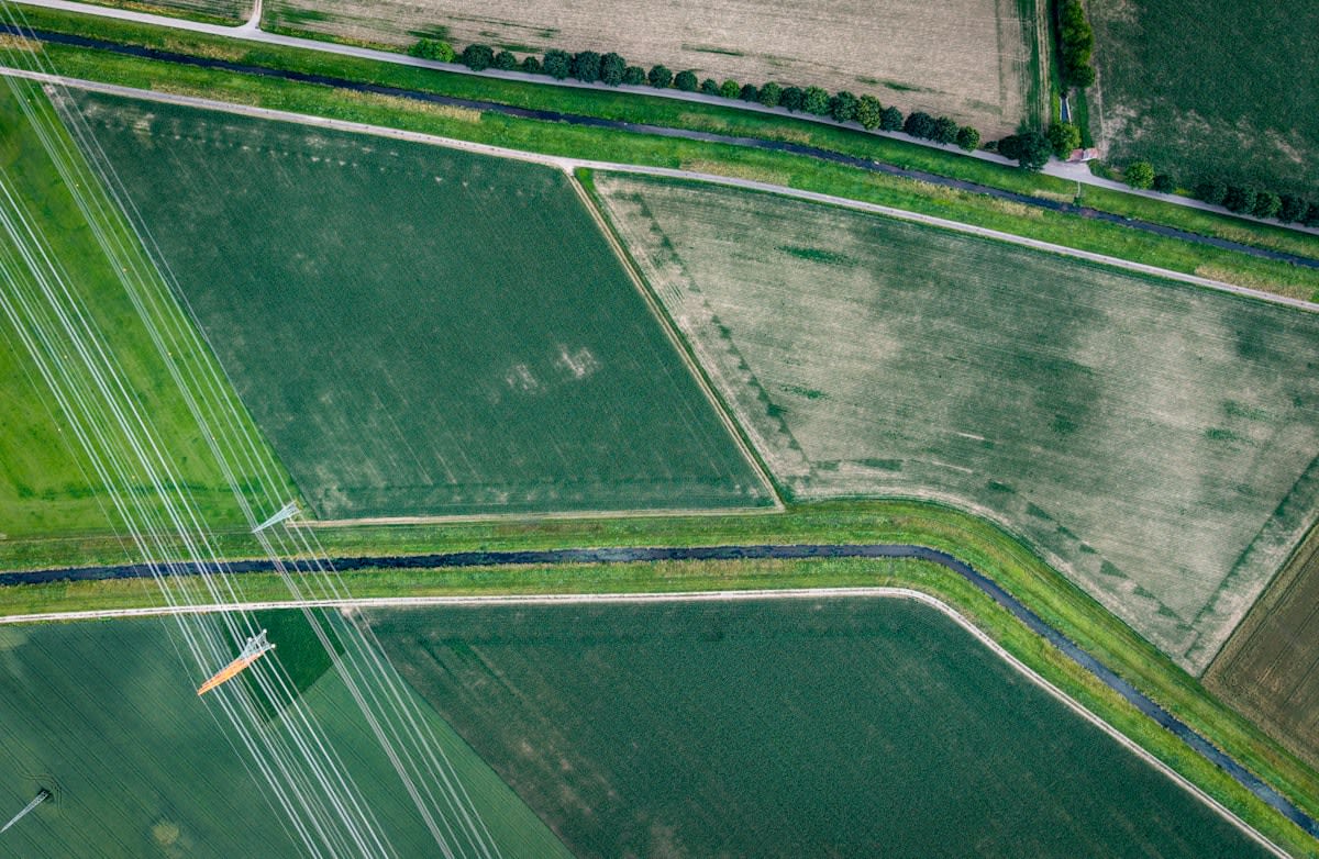 Aerial view of farmland and irrigation