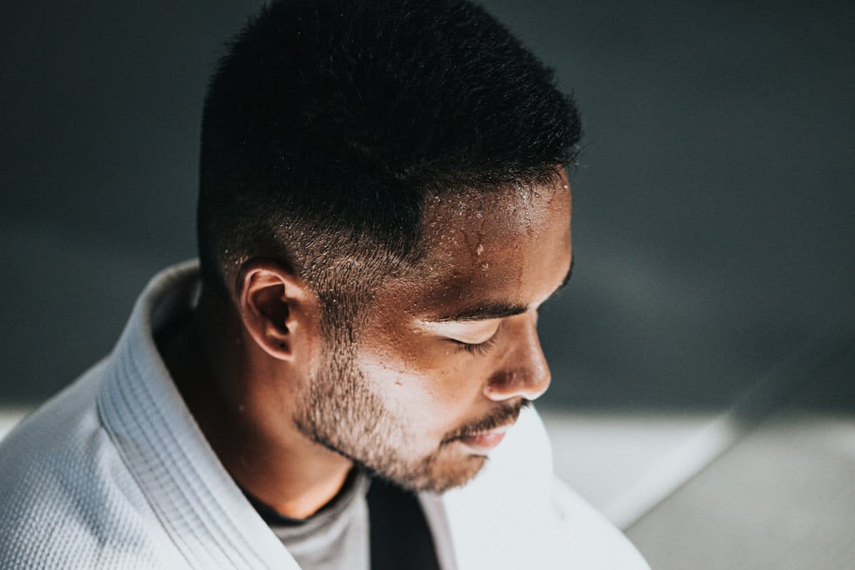 close up of a person practicing focused breathing