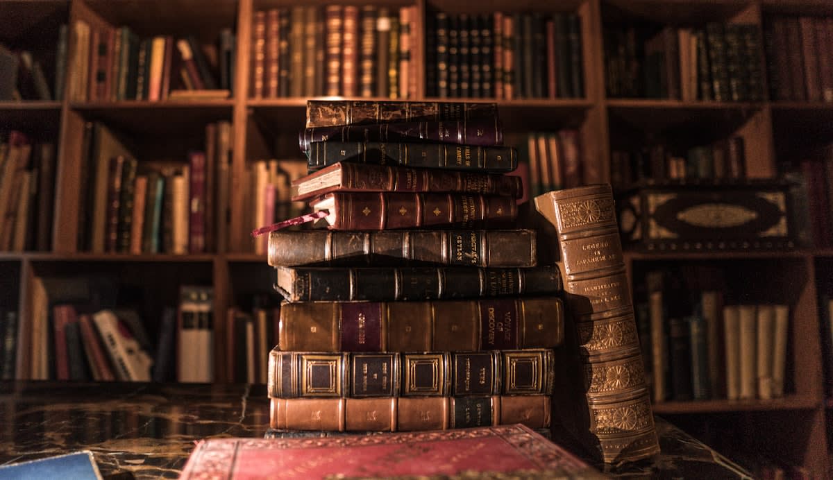 Stack of old books in a library