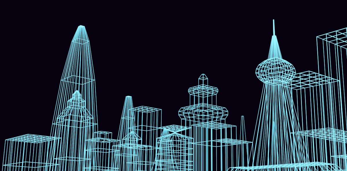 Digital representation of a city skyline with blockchain nodes