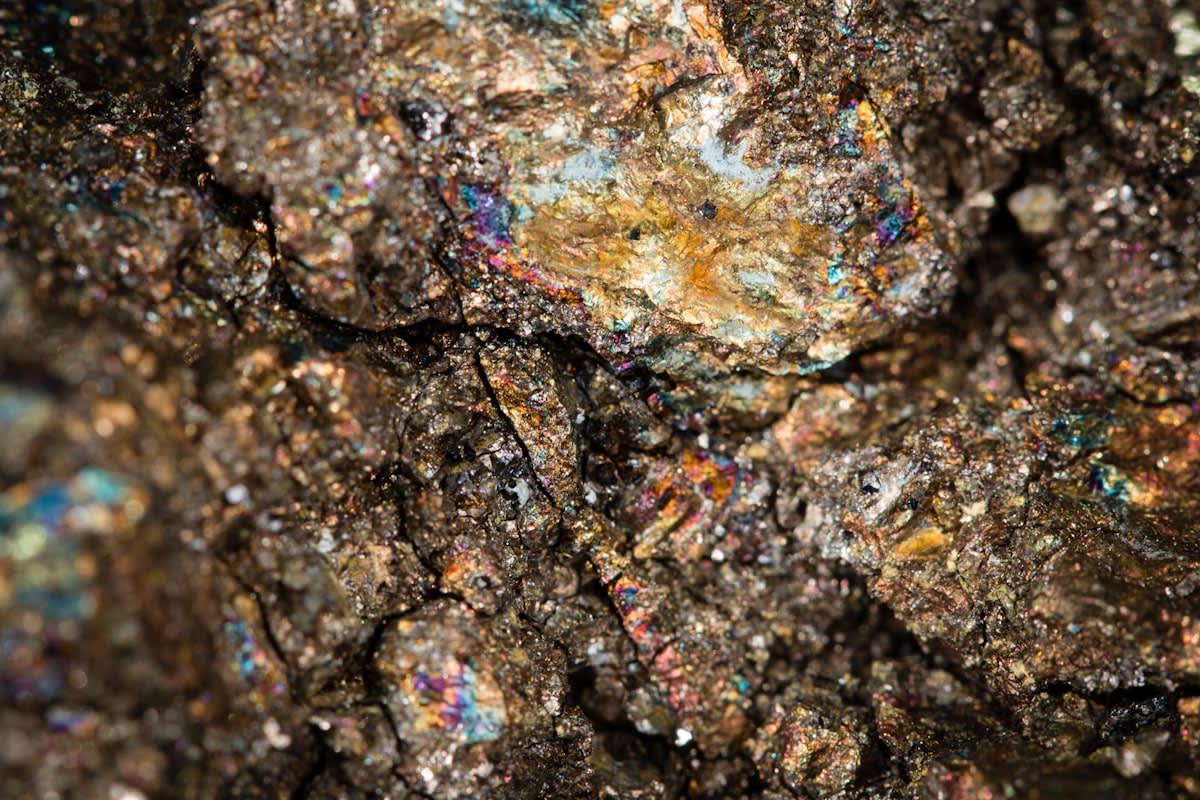 Close up of raw mineral crystals and metallic ores