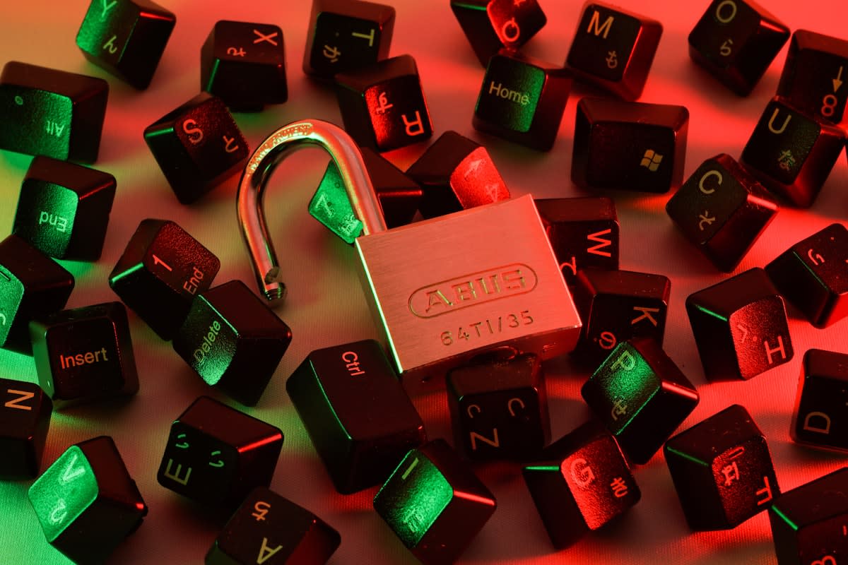 Cybersecurity concept with digital locks and circuitry