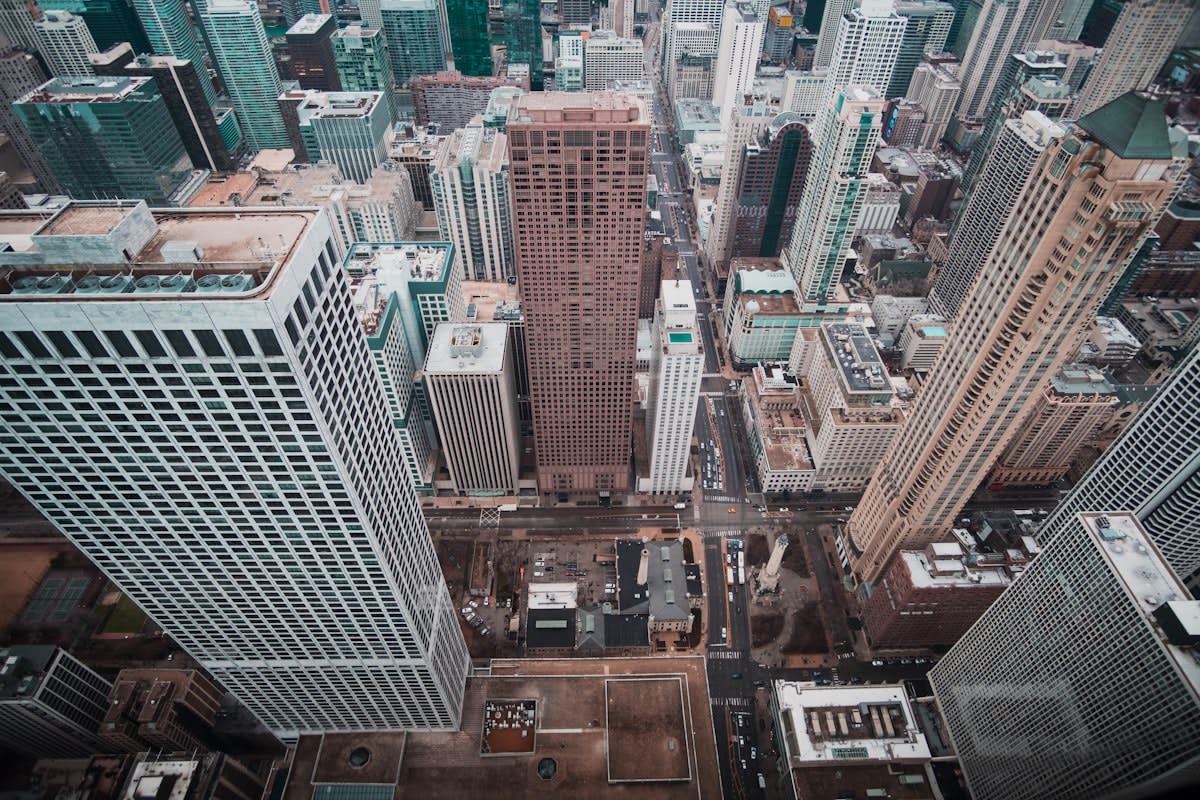 High angle view of a dense modern financial district