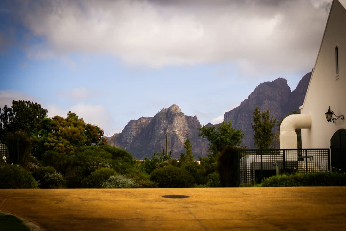 Dramatic mountain landscape with a concrete entrance