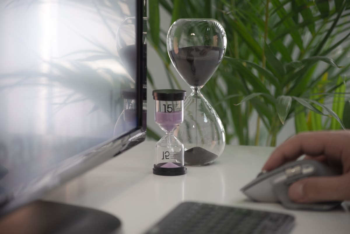 organized workspace with a timer