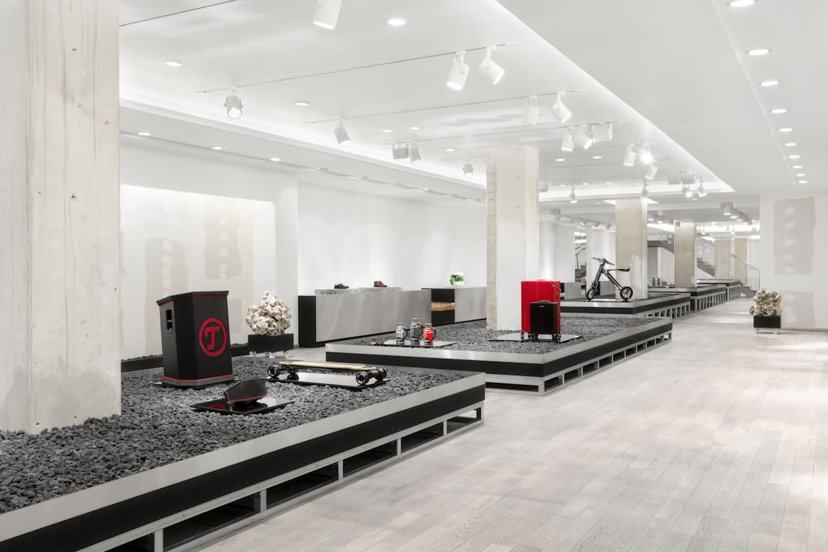 modern minimalist retail store interior with digital screens