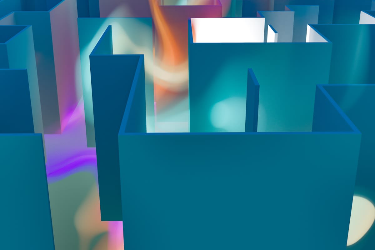 Abstract representation of a corporate maze with a finish line