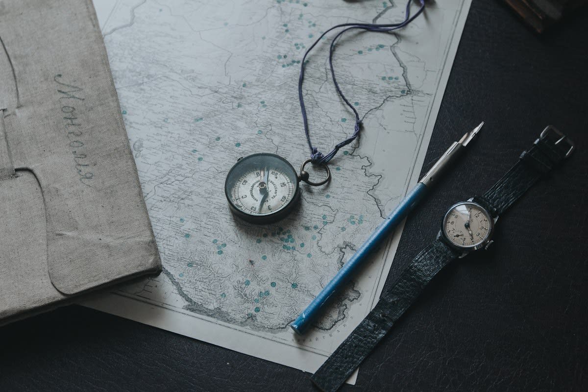 minimalist clock and compass on a desk