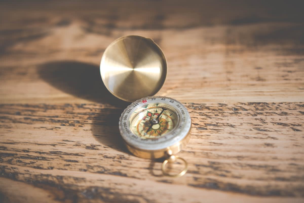 vintage map and compass on a wooden table