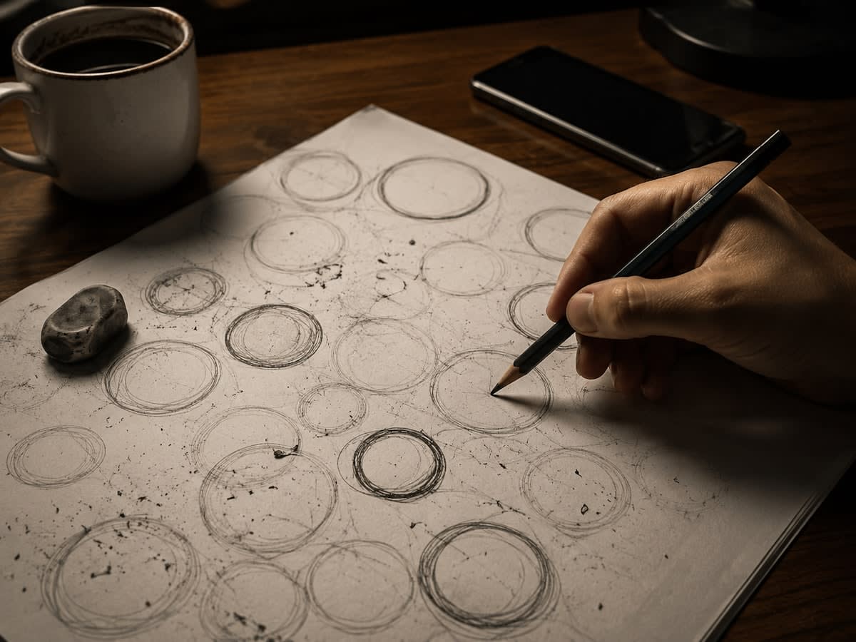 Close up of a hand-drawn sketch with coffee stains and handwritten notes