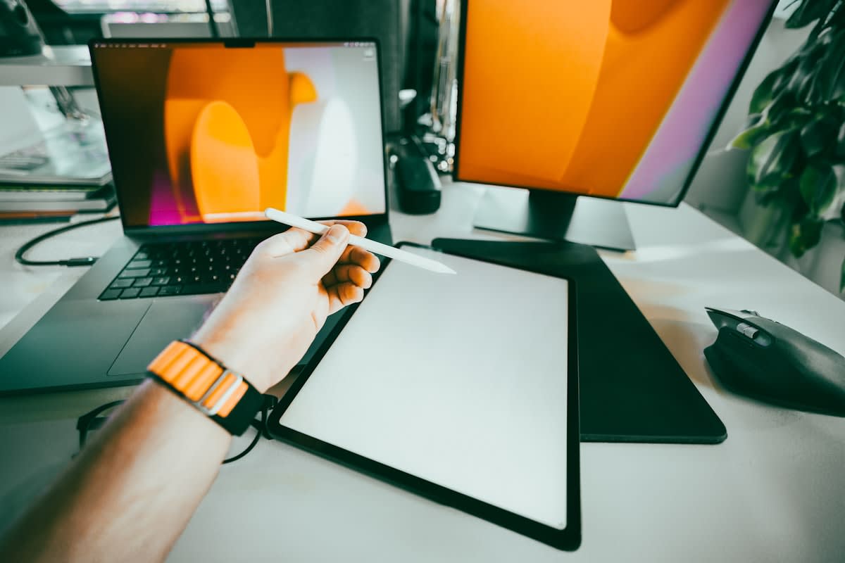Modern minimalist office with digital screens showing skill maps