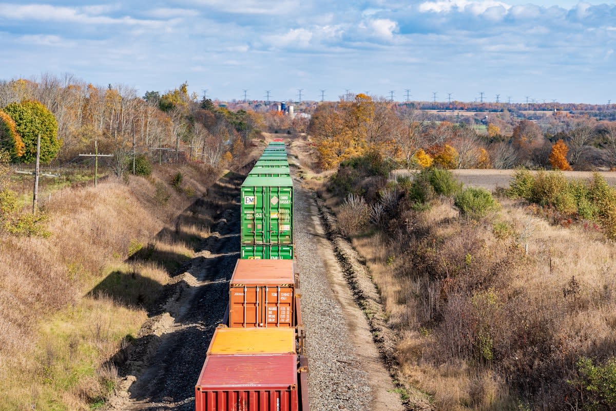Freight train carrying containers through a landscape