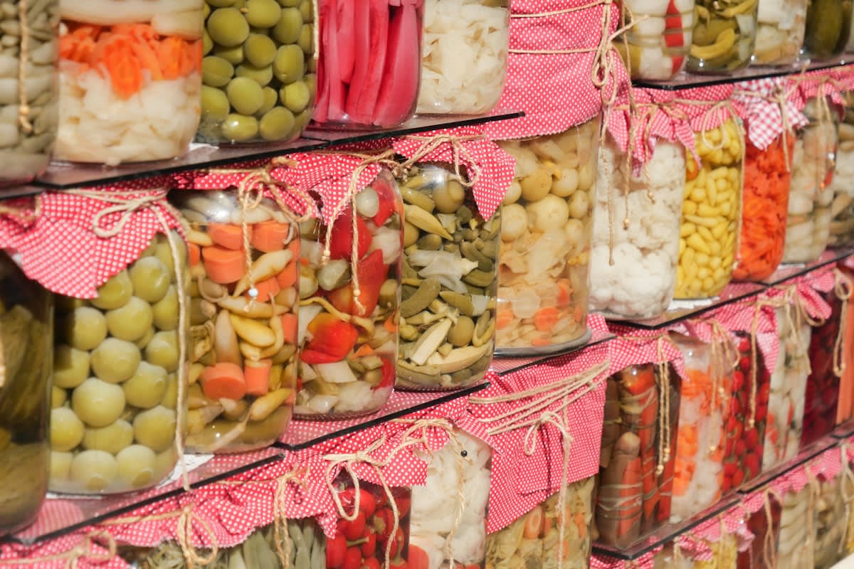 Glass jars of fermented vegetables