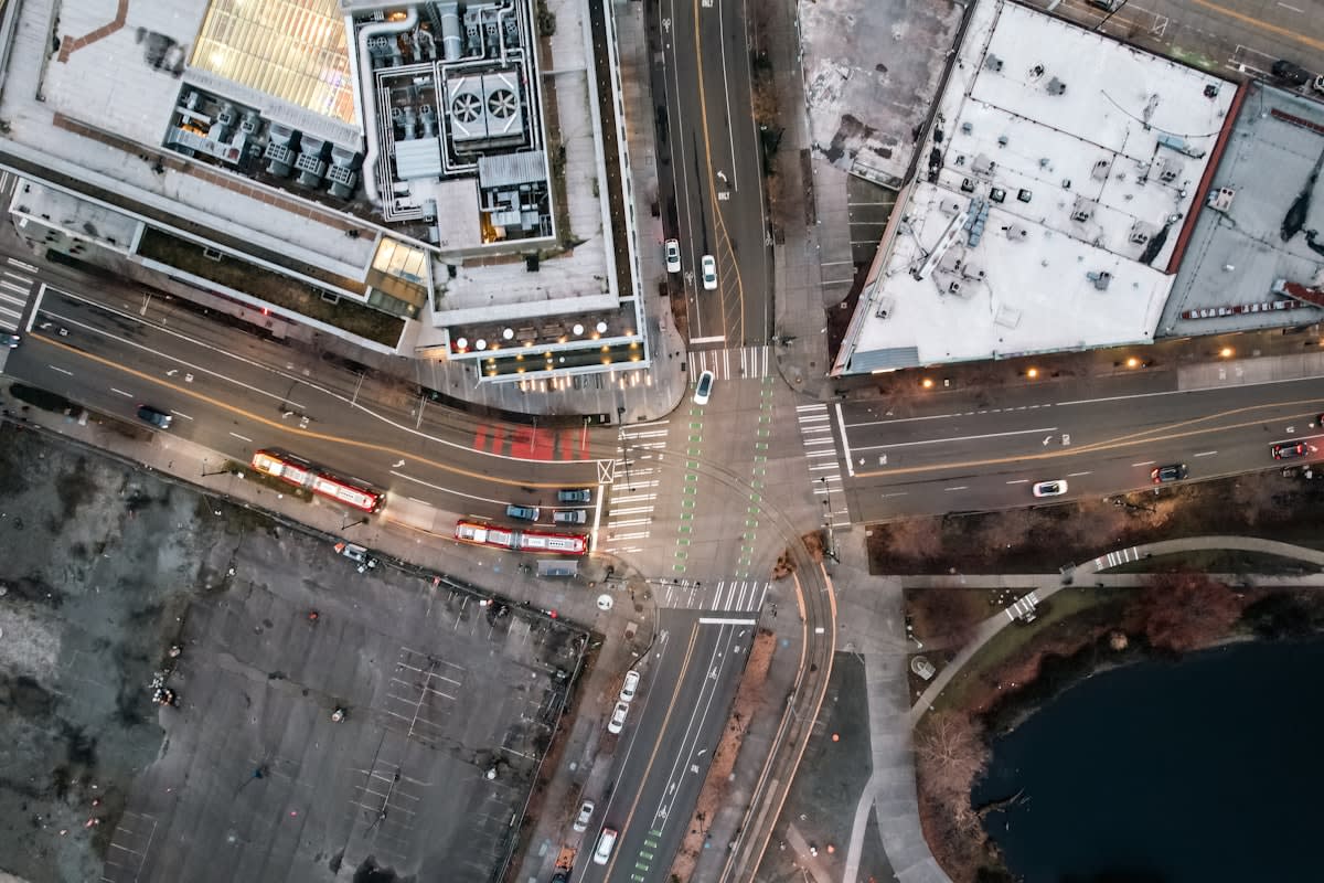 Aerial view of a complex urban intersection