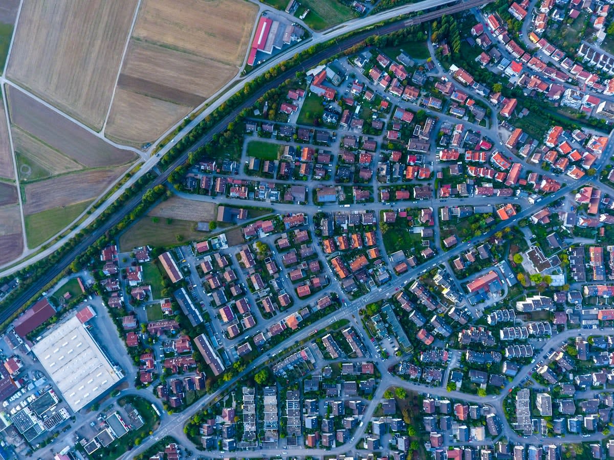 Aerial view of a highly organized urban grid with clear landmarks