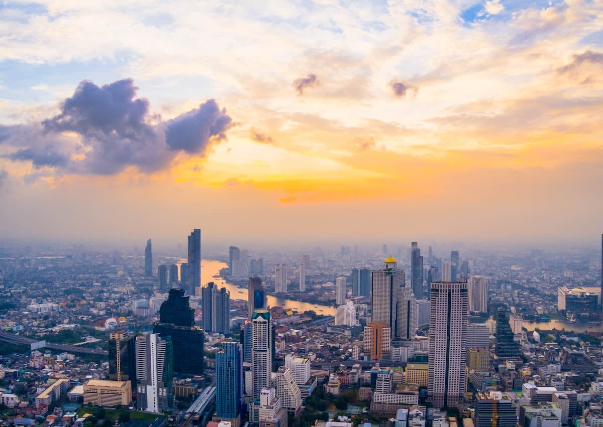 Modern skyline of Bangkok at sunset