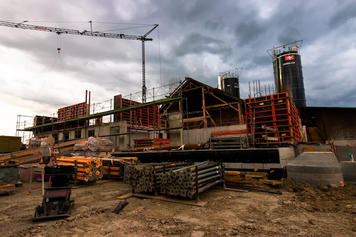 Industrial construction site with steel beams