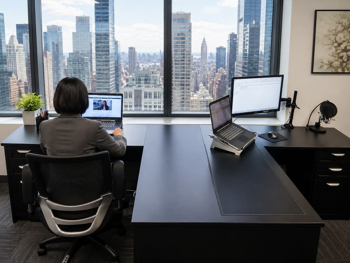 modern global workspace with multiple screens and digital tools