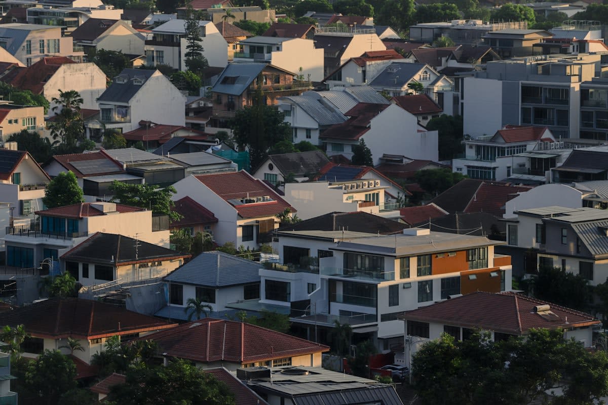 Solar panels on residential rooftops in a modern neighborhood