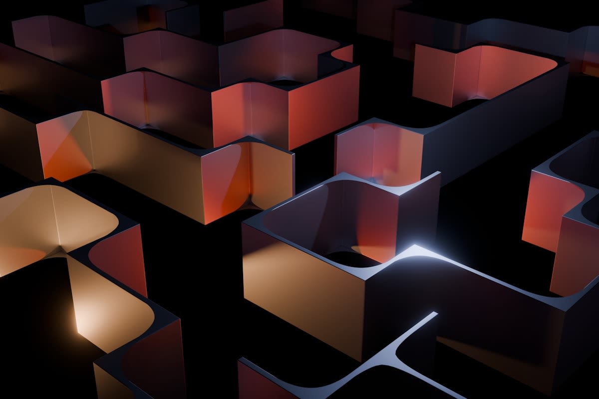 Abstract representation of a complex maze with a straight line cutting through it