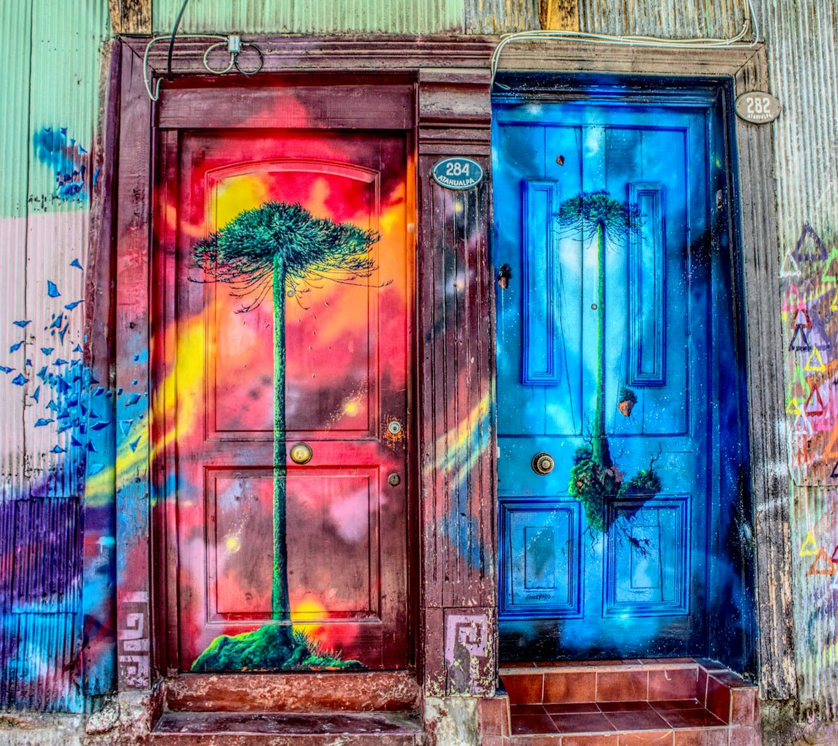 Colorful urban street art and furniture
