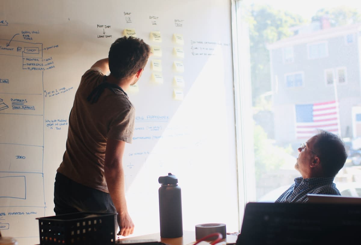 Diverse team collaborating on a digital whiteboard