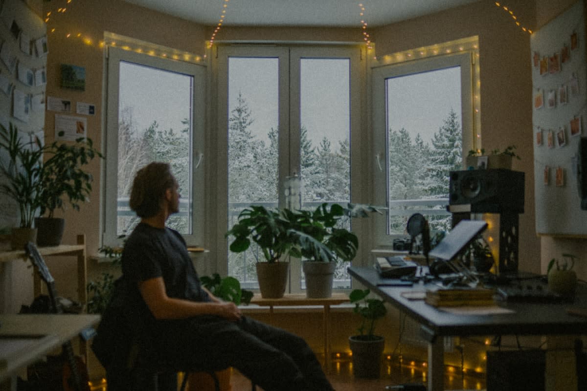 Person taking a mindful break in a modern office