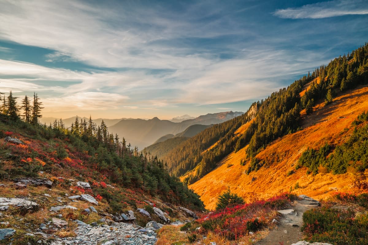 A serene mountain landscape with a walking path