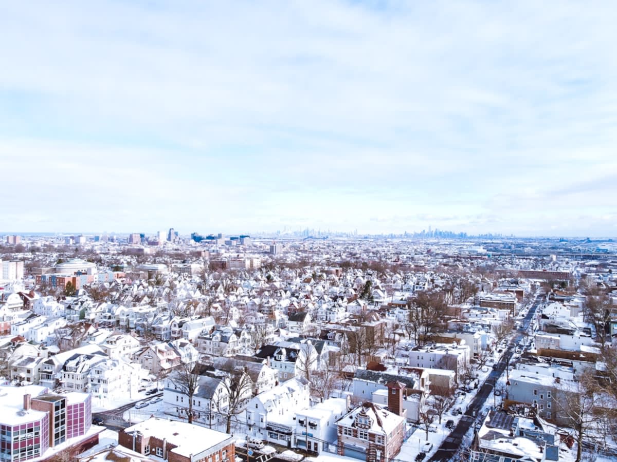 Aerial view of a modern sustainable city in a cold climate