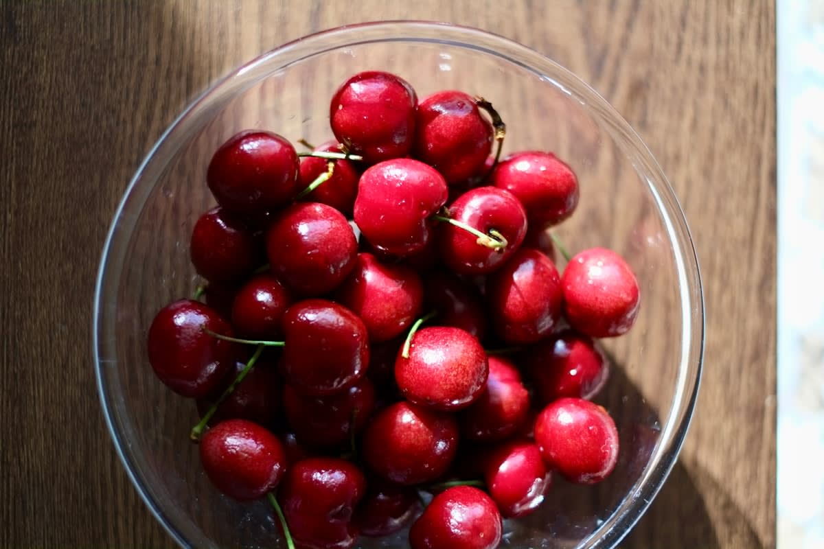 fresh tart cherries in a bowl
