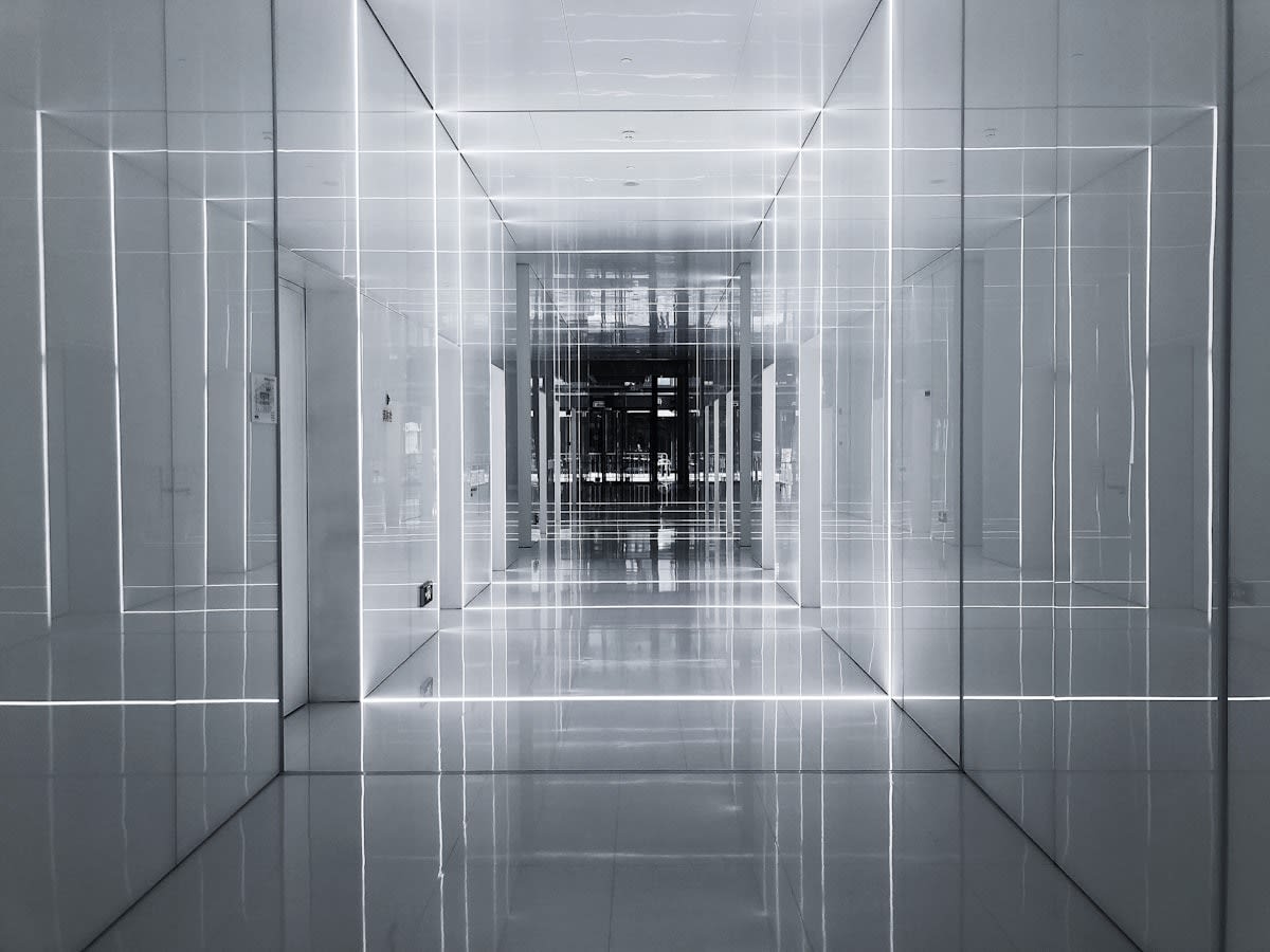 Modern futuristic architecture with digital overlays