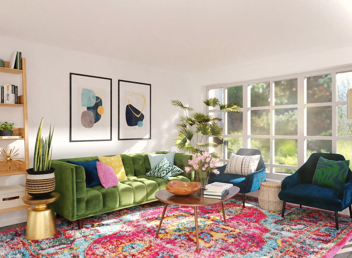 maximalist living room with vibrant colors and clashing patterns
