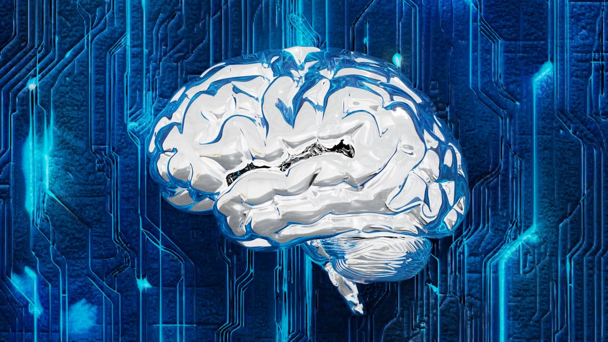 A conceptual image of a brain made of digital circuits with some sections appearing fragmented or empty