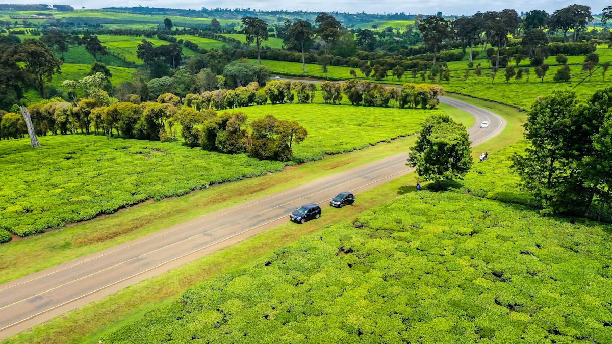 Aerial view of a complex rural road network in Kenya