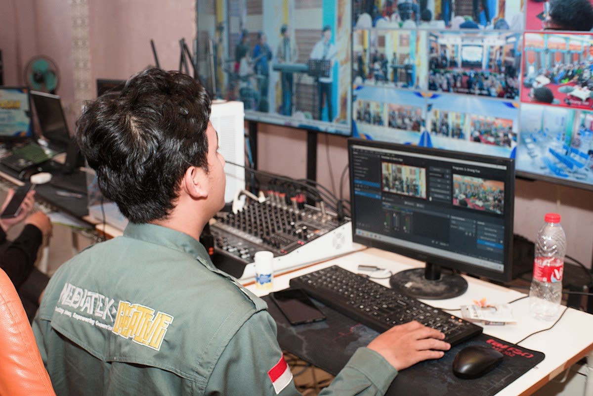 High-tech command center with multiple screens