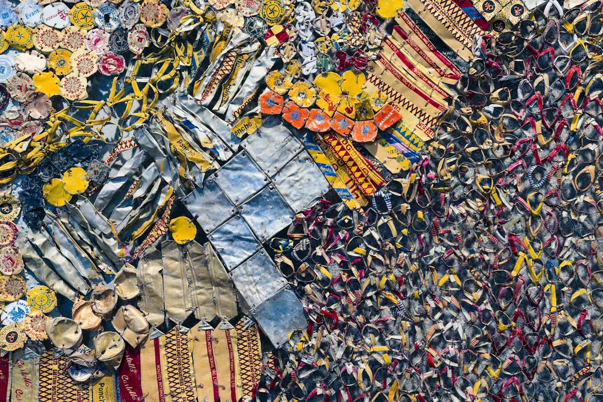 detailed close up of mixed fabric textures in an art installation