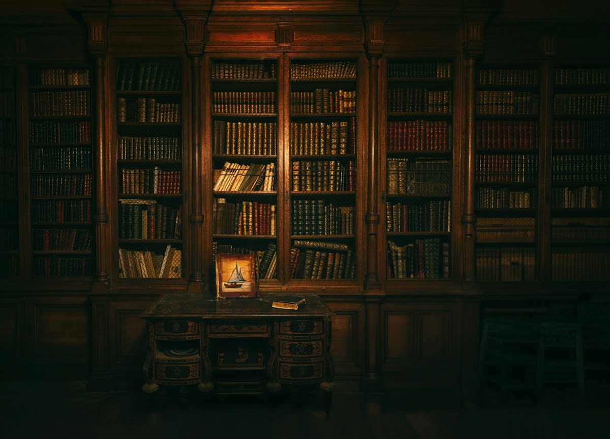 Ancient library with digital overlays